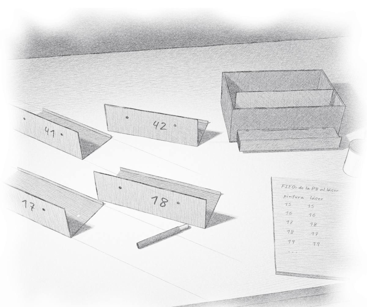 Dibujo a lápiz: piezas de lámina numeradas a mano con plumón (17, 18, 41, 42) a la salida de la prensa, junto a una hoja de registro