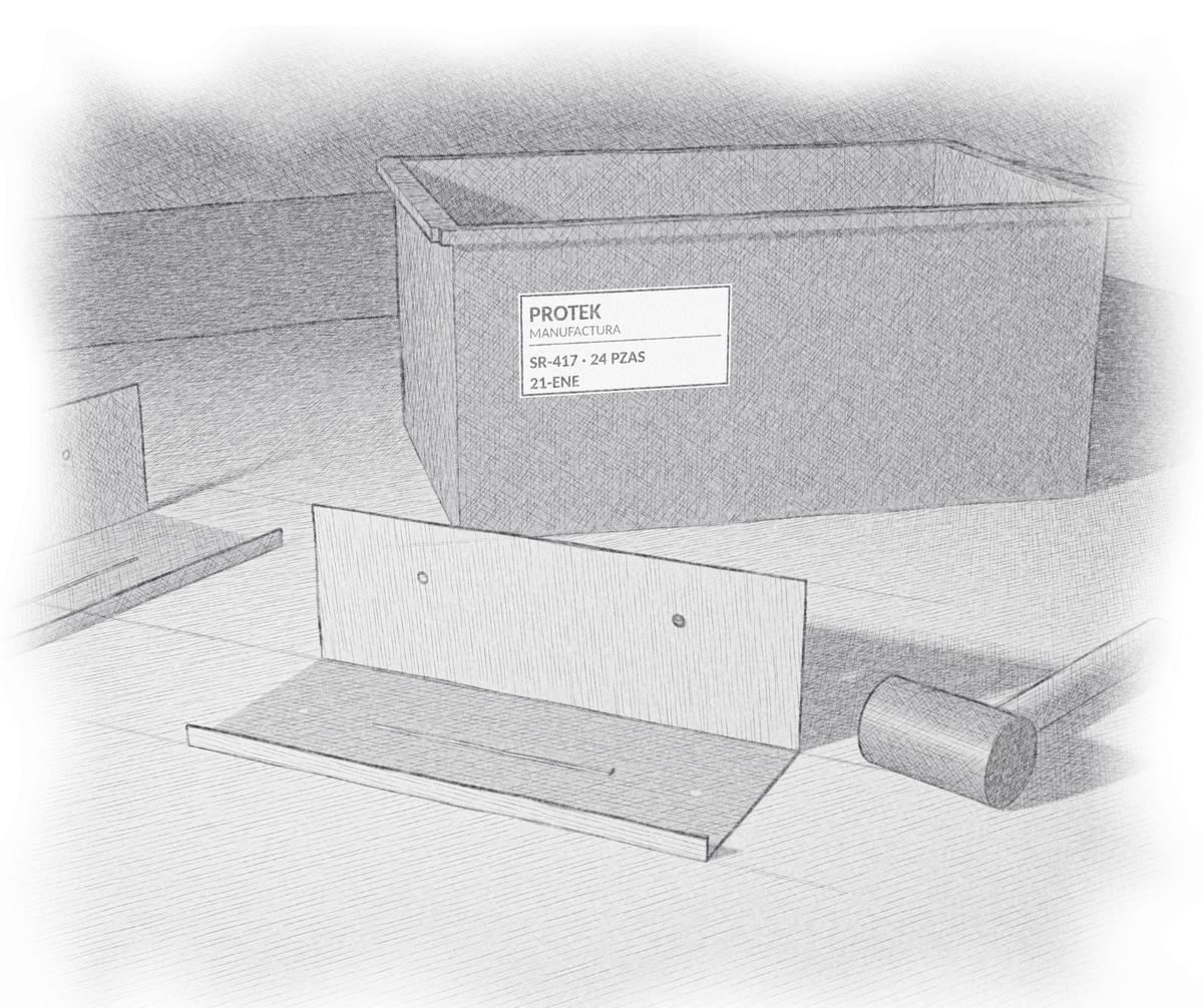 Dibujo a lápiz: una caja de Protek con la etiqueta SR-417 · 24 PZAS · 21-ENE, un soporte doblado sobre la mesa y un martillo de goma